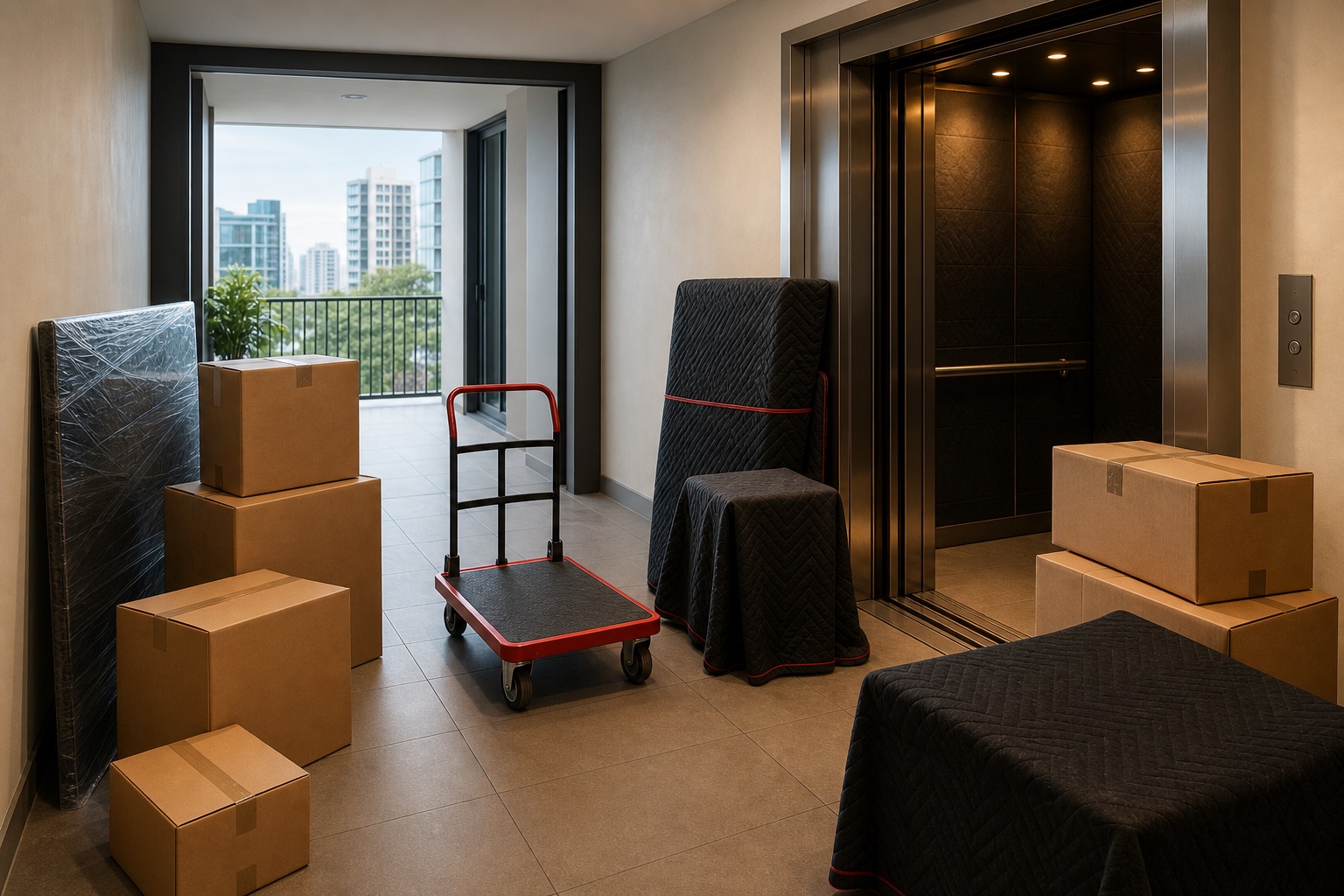 Concept image of boxes and protected furniture prepared beside an apartment lift