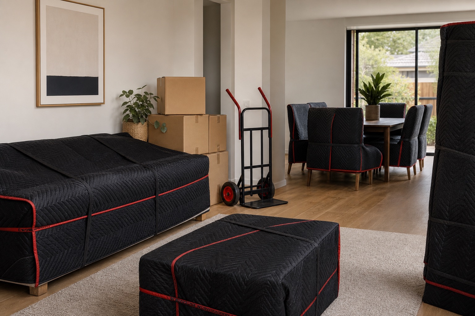 Concept image of furniture protected with moving blankets