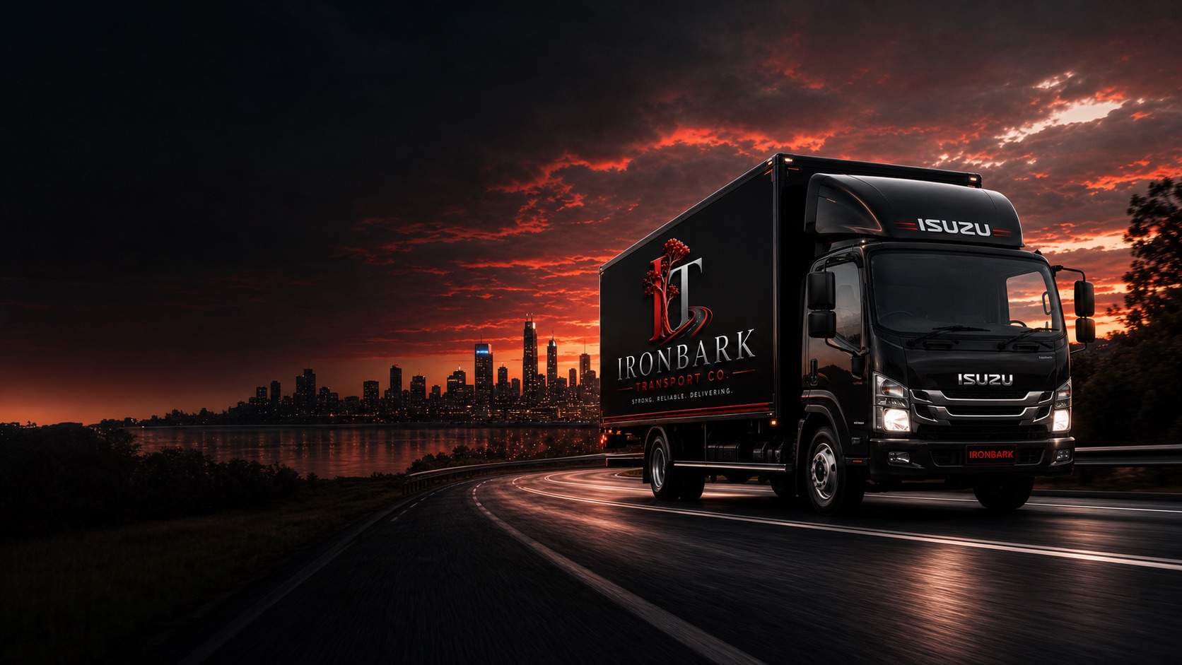 Ironbark Transport Co. removals truck travelling toward Brisbane at sunset